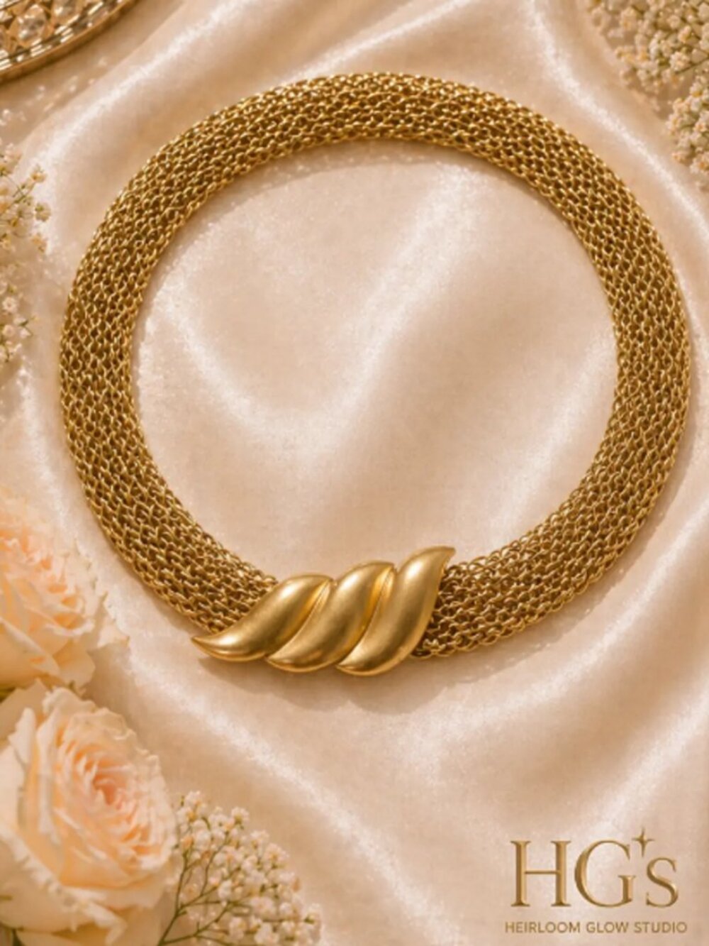 💎Signed Averil Gold Mesh Collar Necklace Leaf Clasp Statement Luxury Piece